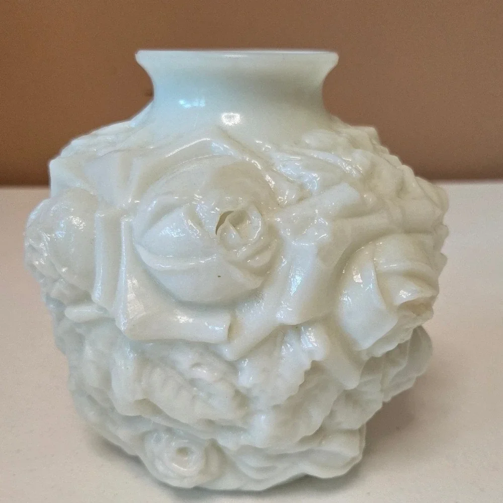 Vintage White Milk Glass Rose Bud Vase Embossed Floral Globe 4.5 inch